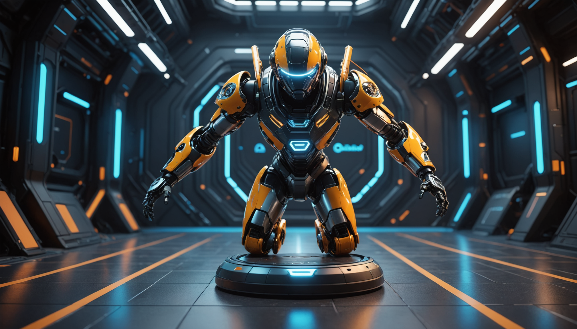 Futuristic robot with sleek metallic accents and neon highlights, set against a high-tech sports background that conveys innovation and agility.