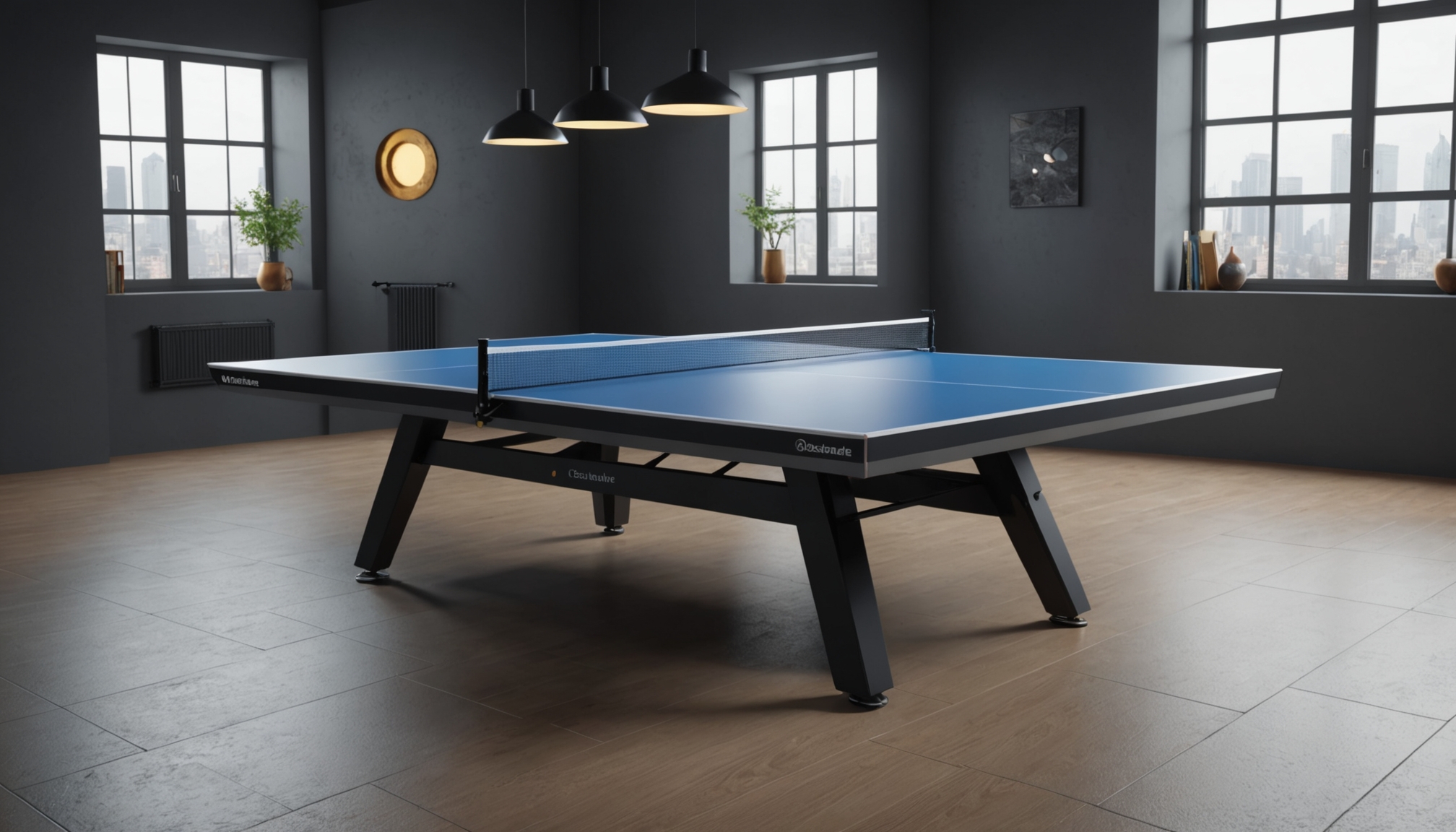 Eleganter Tischtennisetabelle in einer modernen, minimalistischen Umgebung mit warmer Beleuchtung und symbolisiert die qualitativ hochwertige Handwerkskunst und dynamische sportliche Energie.