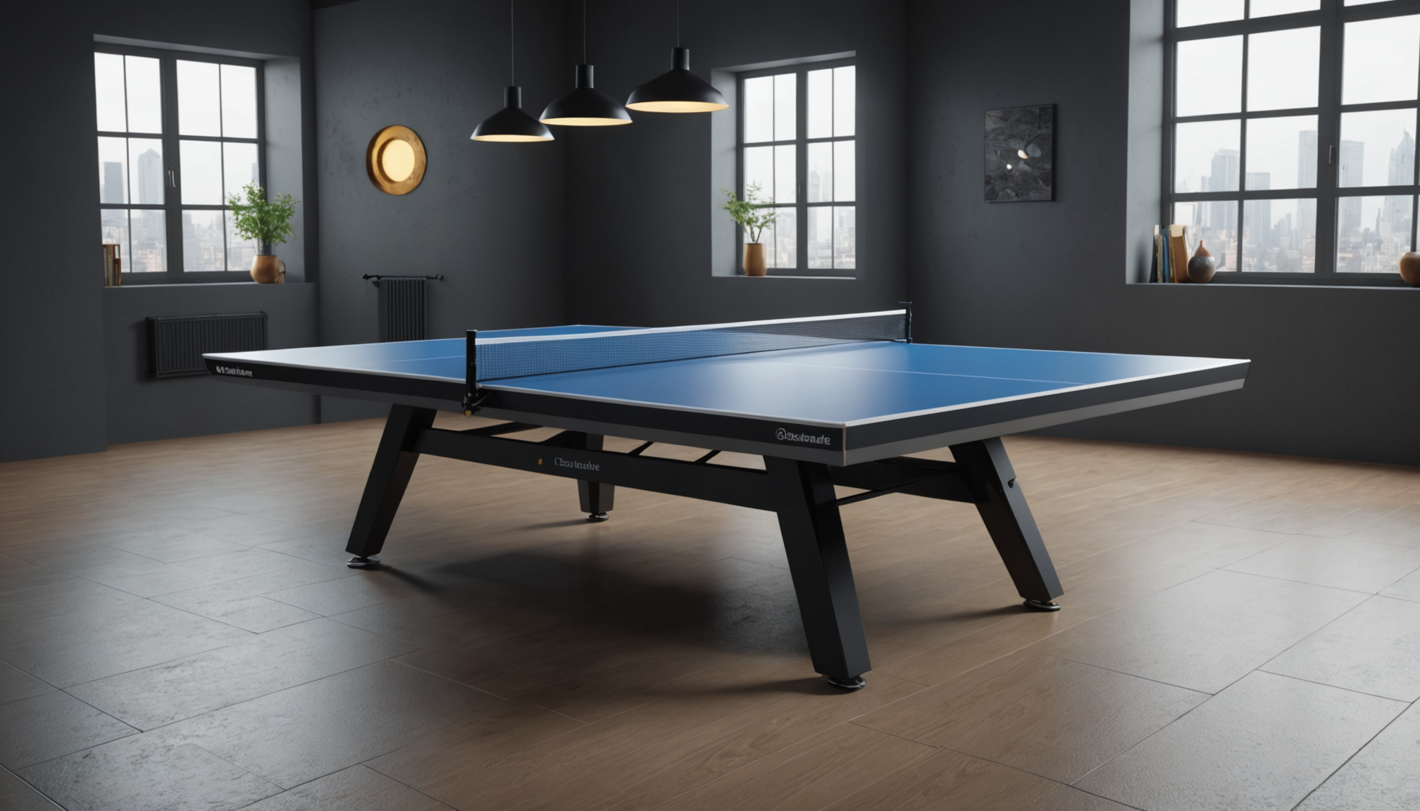 Elegant table tennis table showcased in a modern, minimalist setting with warm lighting, symbolizing quality craftsmanship and dynamic athletic energy.