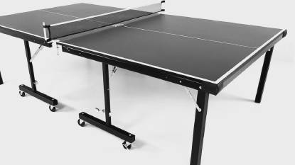 Featured image of the Stiga Instaplay Indoor Table Tennis Table showcasing its sleek, UV-filled black table top with silk screen striping and pre-assembled design.