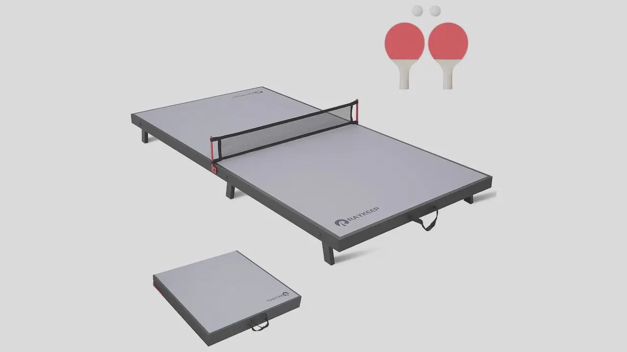 RAYKEEP Foldable Table Tennis Table, 48-inch, Grey - Includes 2 paddles, 2 balls, and net. Portable and no assembly required.