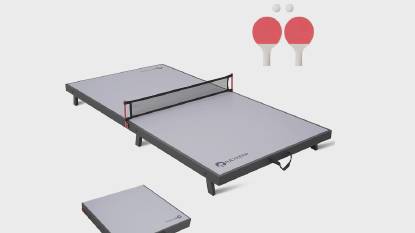 RAYKEEP Foldable Table Tennis Table, 48-inch, Grey - Includes 2 paddles, 2 balls, and net. Portable and no assembly required.