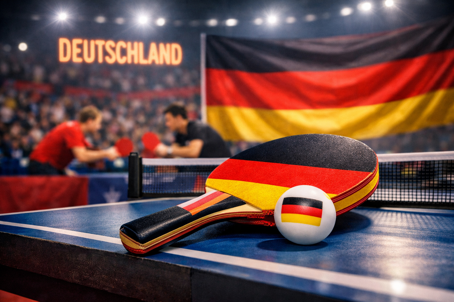 Germany‑themed table‑tennis paddle and ball on a match table.