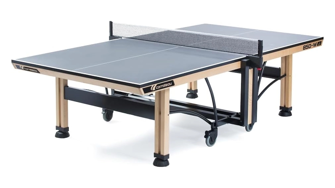 Indoor folding table tennis table by Cornilleau, ITTF approved, grey color.
