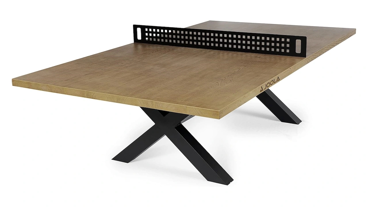 Outdoor ping pong table with oak wood look surface and steel frame.