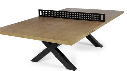 Outdoor ping pong table with oak wood look surface and steel frame.