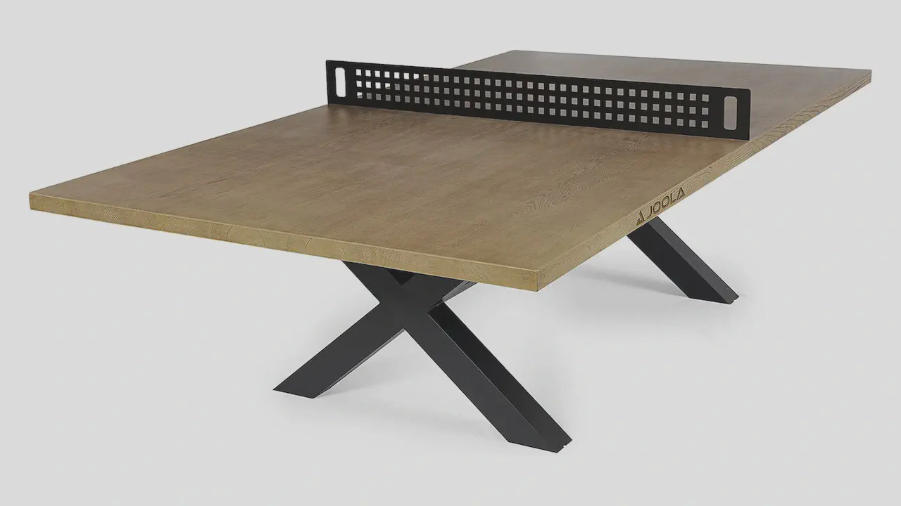Outdoor ping pong table with oak wood look surface and steel frame.